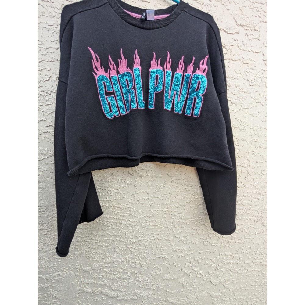 DIVIDED "GIRL‎ PWR" GIRL POWER BLACK SEQUIN LOGO TOP, WOMEN'S Small OVERSIZED